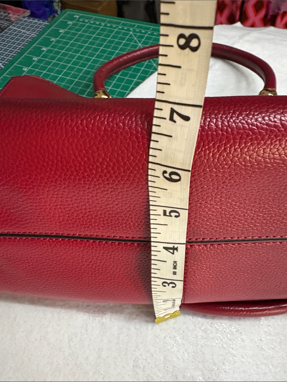 Rich Red Pebbled Leather Structured Tote Bag with Gold Hardware (v) - Picture 9 of 11